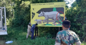 Passalacqua puso carteles para proteger a los tapires pero los dibujó con cola y sin trompa
